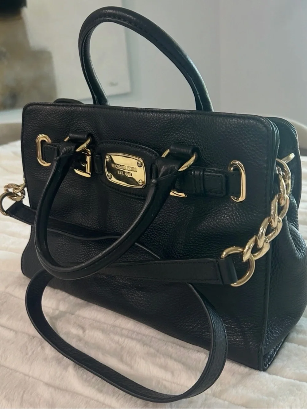 Michael Kors Black Leather Satchel with Gold Plate